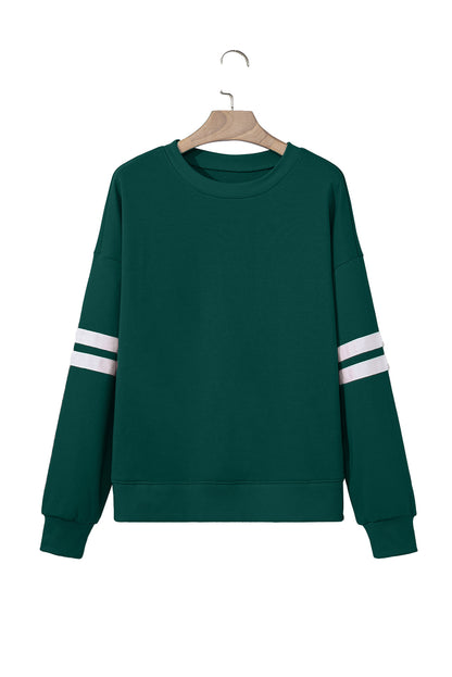 Coffee Preppy Striped Sleeve Loose Sweatshirt