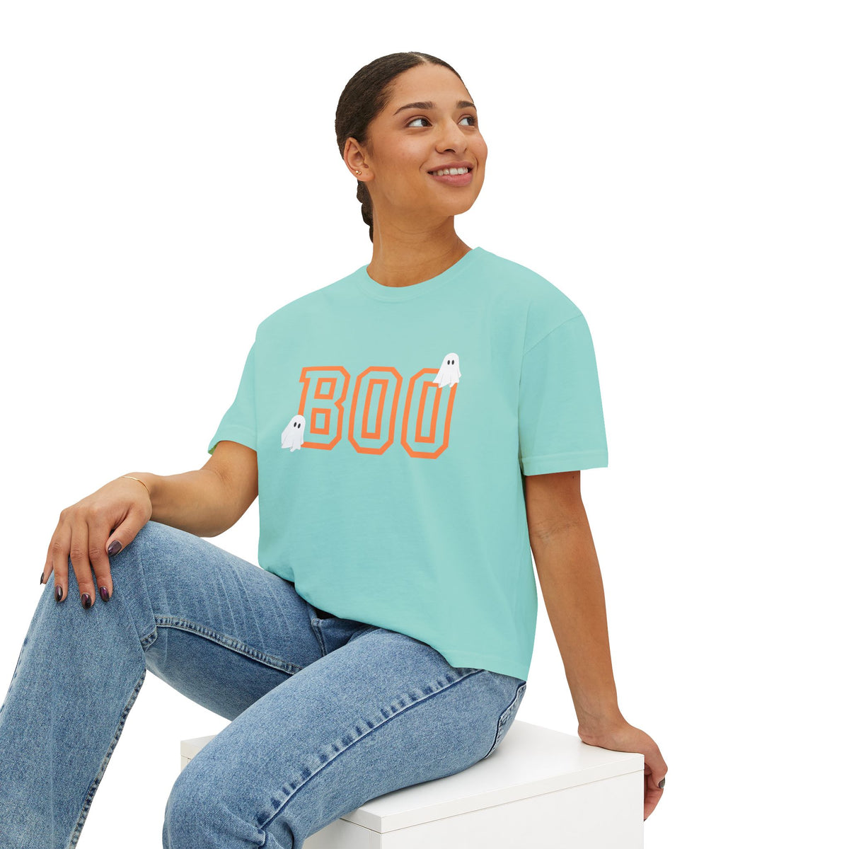 Halloween Ghost Women's Boxy Tee, Cute Halloween Shirt, Boo Tee, Spooky Casual Top, Fall Fashion Tee