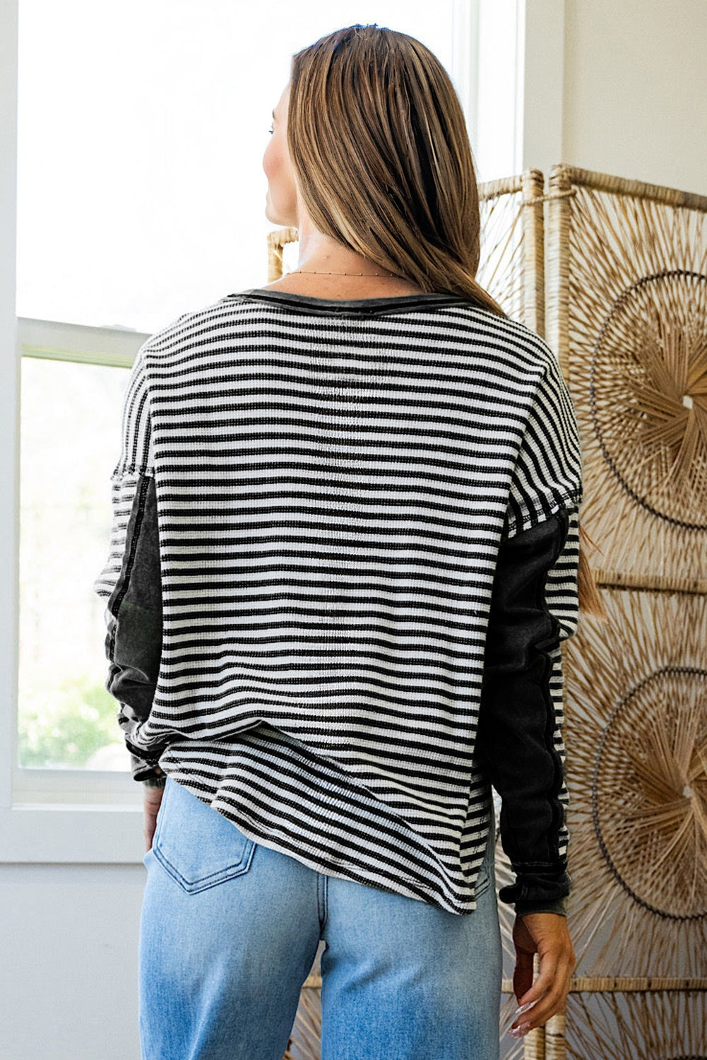 Black Stripe Patchwork Drop Shoulder Round Neck Top