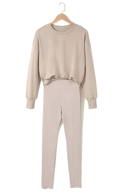 Jet Stream Solid Color Oversize Slit Sweatshirt Ribbed Leggings Set