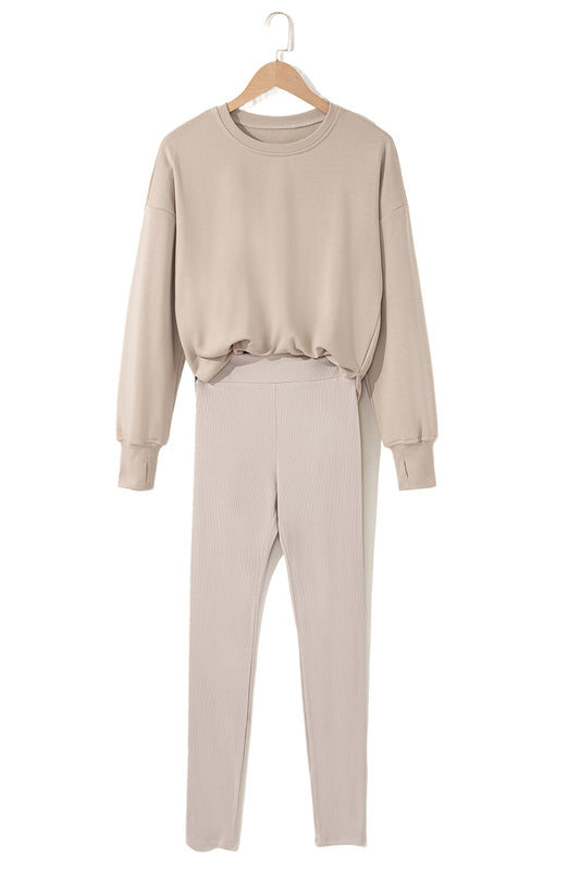 Jet Stream Solid Color Oversize Slit Sweatshirt Ribbed Leggings Set