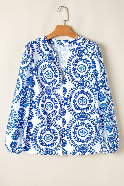 Sky Blue V Neck Puff Sleeve Boho Blouse