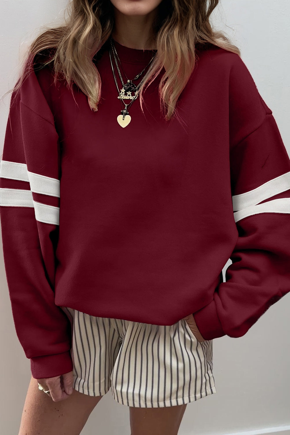 Coffee Preppy Striped Sleeve Loose Sweatshirt