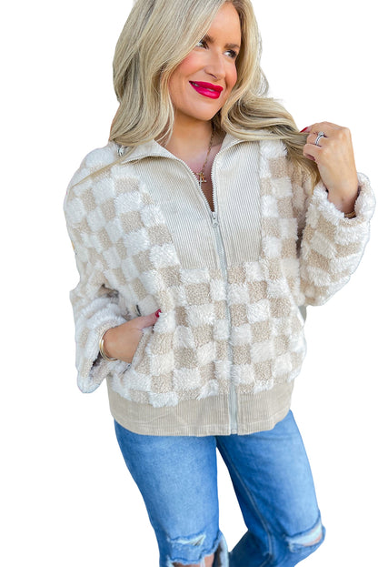 Khaki Checkered Sherpa Corduroy Patchwork Zip-up Collared Jacket