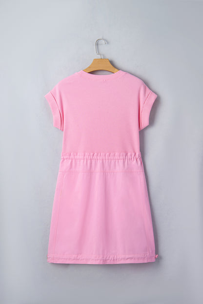 Bonbon Cuffed Short Sleeve Mix Fabric Patchwork Drawstring Mini Dress