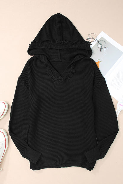Black Split V Neck Pullover Knit Hooded Sweater