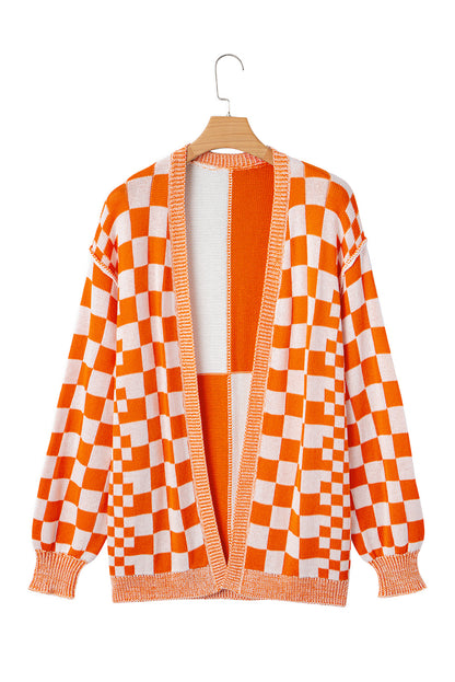 Brown Checkered Open Front Drop Shoulder Cardigan