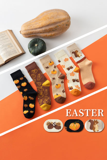 Parchment Pumpkin & Acorn Pattern Combed Cotton Crew Socks