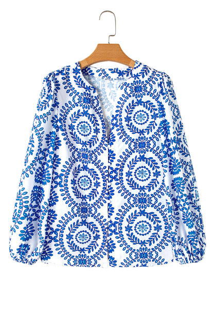 Sky Blue V Neck Puff Sleeve Boho Blouse