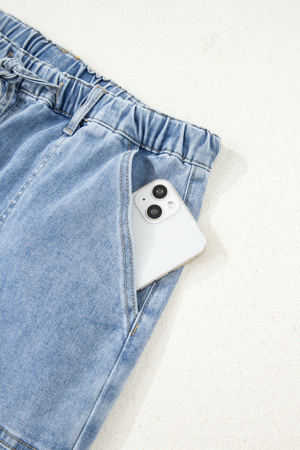 Prussian Blue Drawstring Seam Detail Raw Hem Wide Leg Jeans