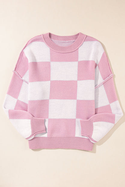Dark Brown Plaid Bishop Sleeve Pullover Sweater
