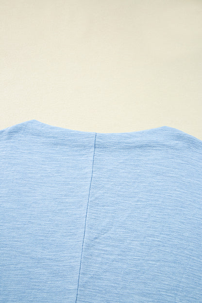 Beau Blue Solid Color Boat Neck Batwing Long Sleeve Top