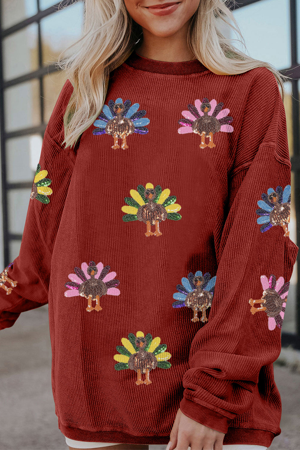 Smoke Gray Turkey Patch Application Graphic Corded Baggy Sweatshirt