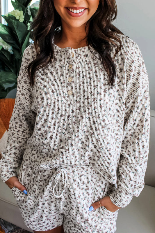 White Floral Print Ribbed Long Sleeve Pullover and Shorts Set