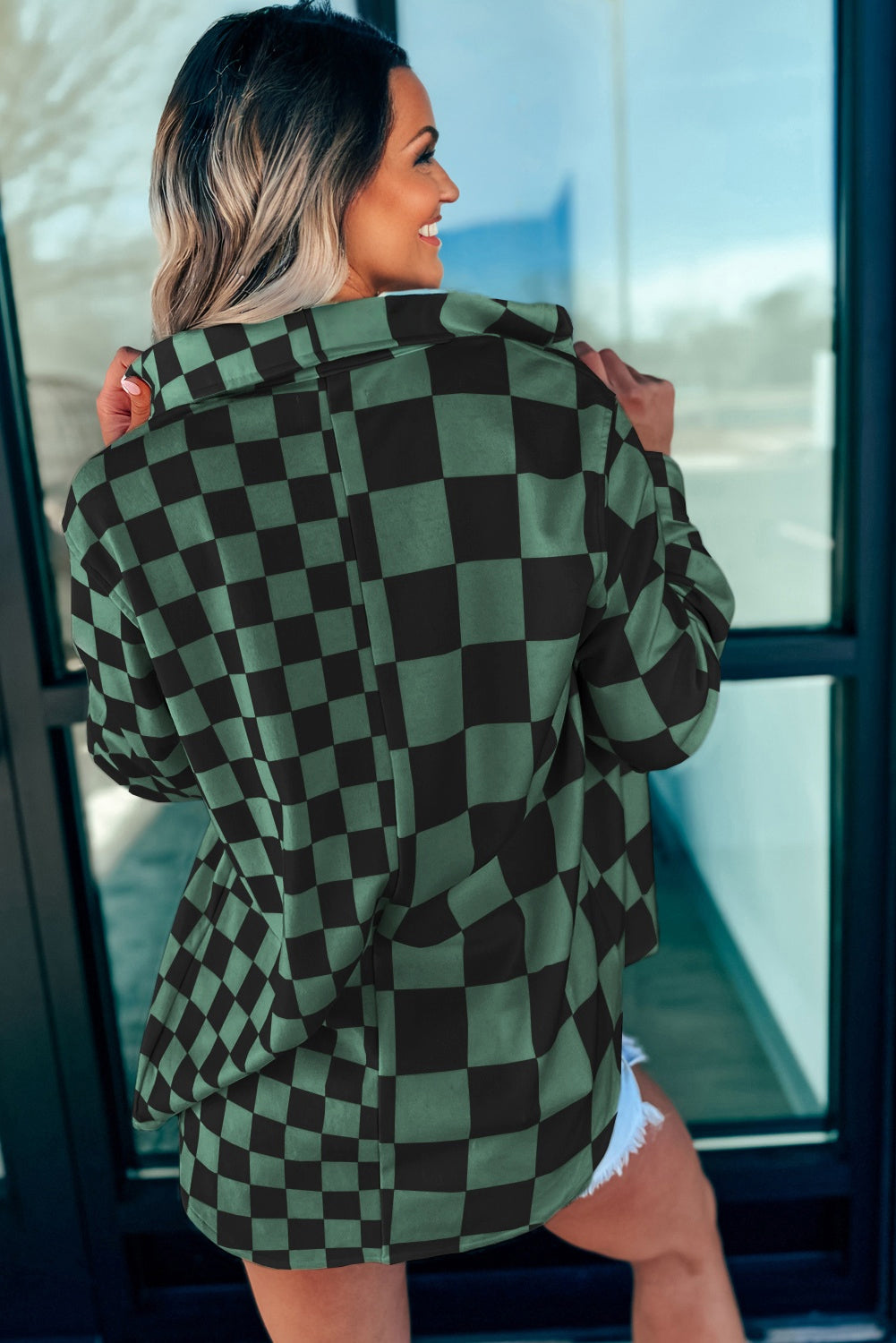 Khaki Checkerboard Flap Pocket Button Front Shacket