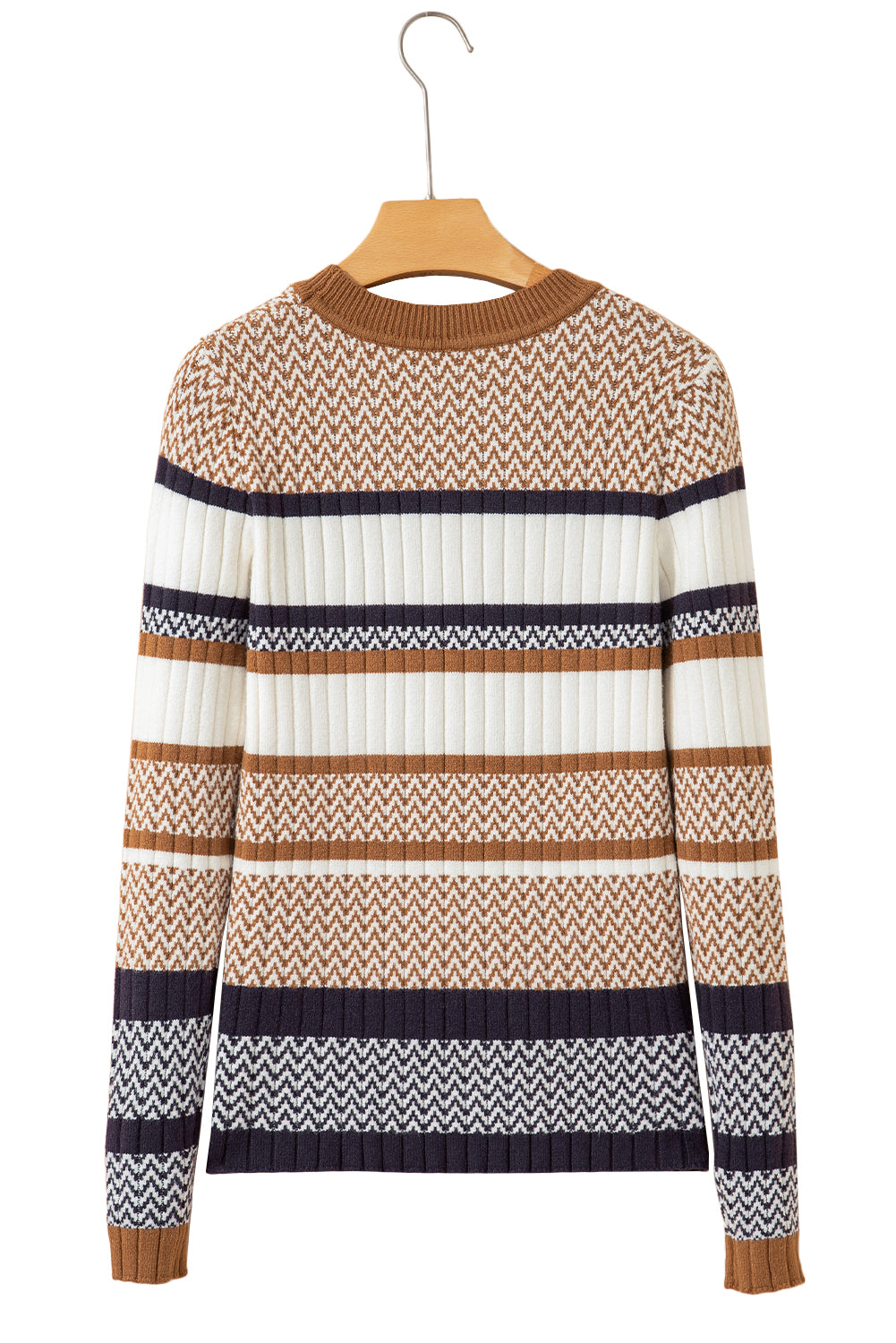 Brown Stripe Chevron Pattern Knitted Ribbed Trim Slim Fit Sweater