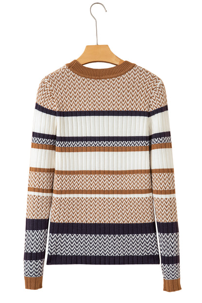 Brown Stripe Chevron Pattern Knitted Ribbed Trim Slim Fit Sweater
