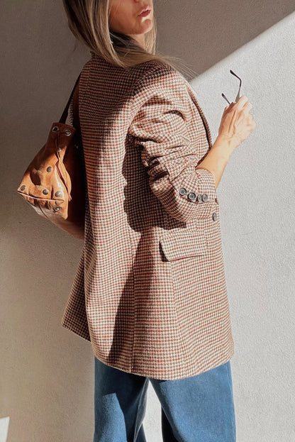 Brown Houndstooth Lapel Collar Blazer