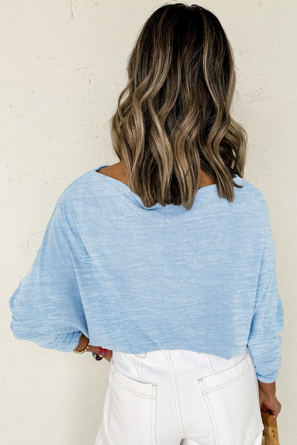Beau Blue Solid Color Boat Neck Batwing Long Sleeve Top