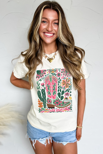 White Boots Flower Heat Transfer Printing Crew Neck Graphic Loose Tee