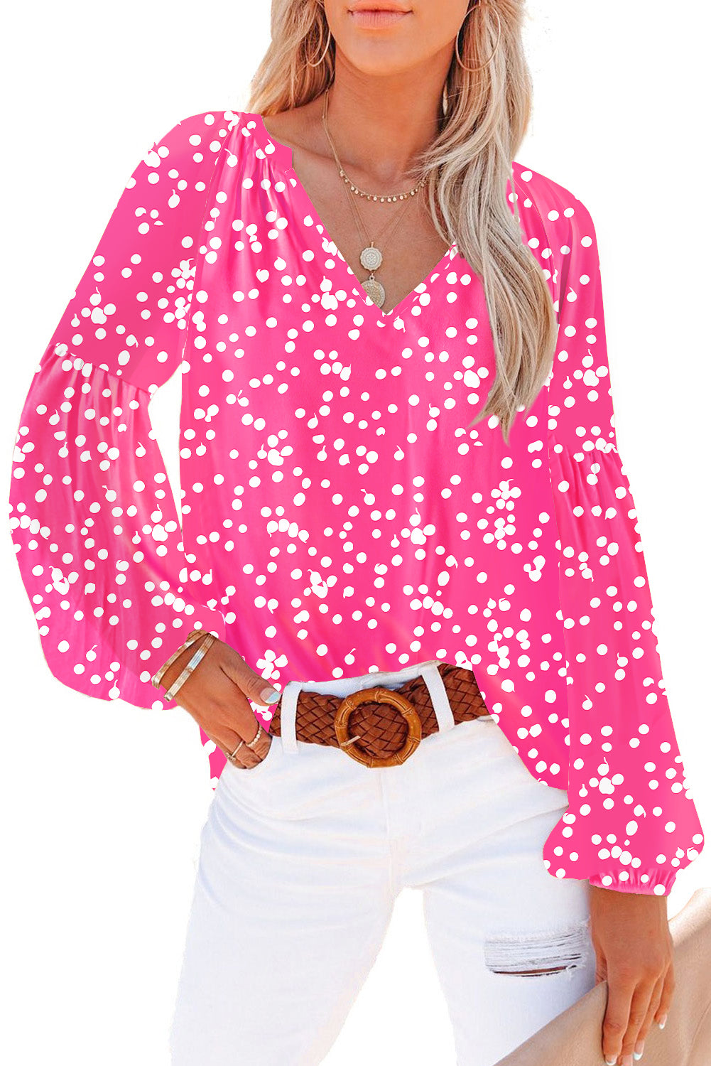 Red Boho Floral Print V Neck Long Sleeve Blouse