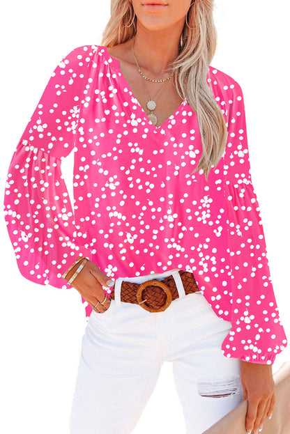 Red Boho Floral Print V Neck Long Sleeve Blouse