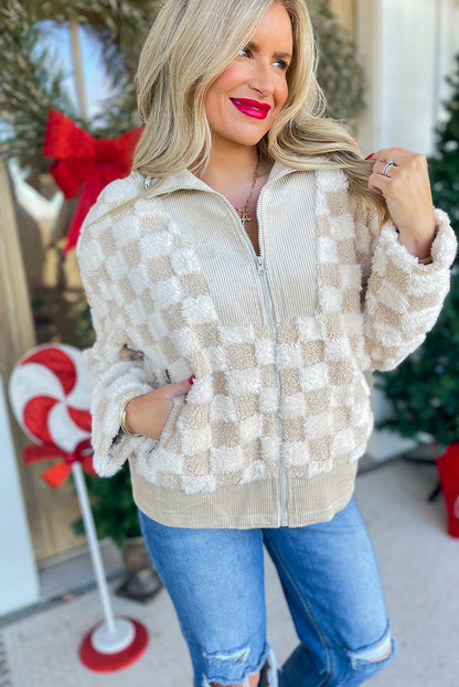 Khaki Checkered Sherpa Corduroy Patchwork Zip-up Collared Jacket