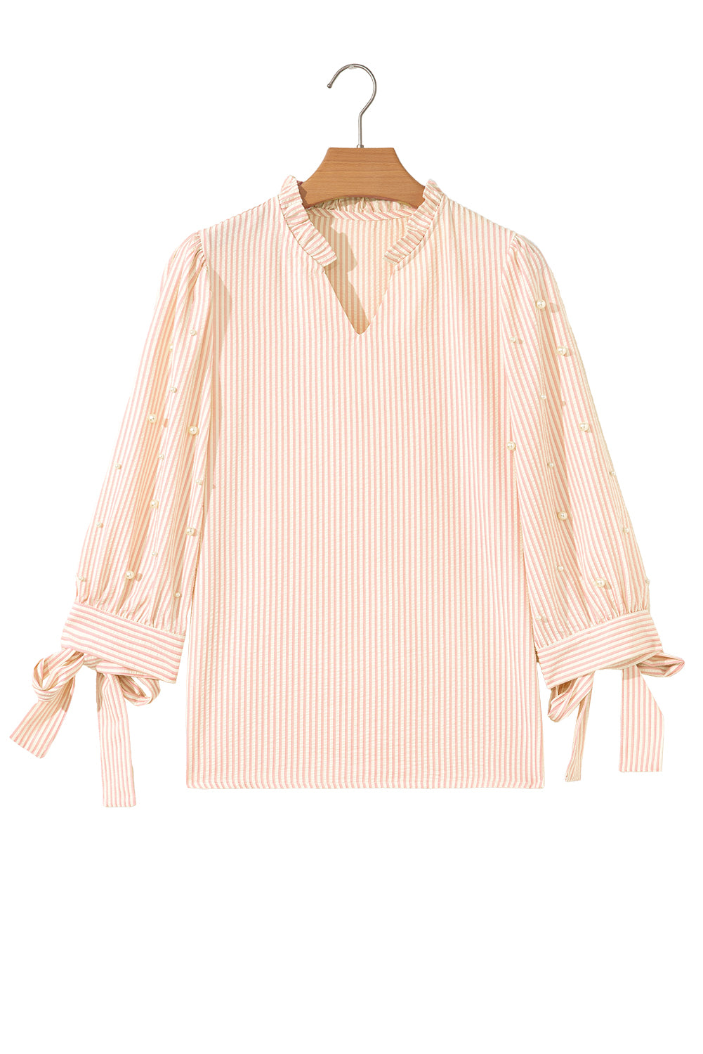 Pink Striped Pearl Beaded Knot Cuffs Blouse