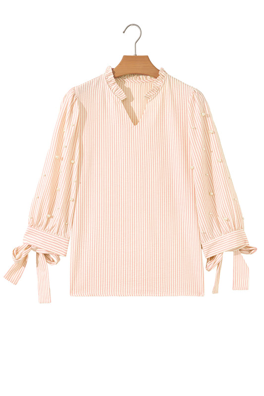 Pink Striped Pearl Beaded Knot Cuffs Blouse
