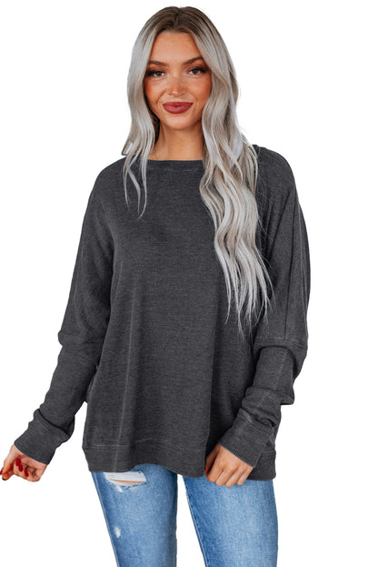 Mist Green Ribbed Plain Long Sleeve Loose Top