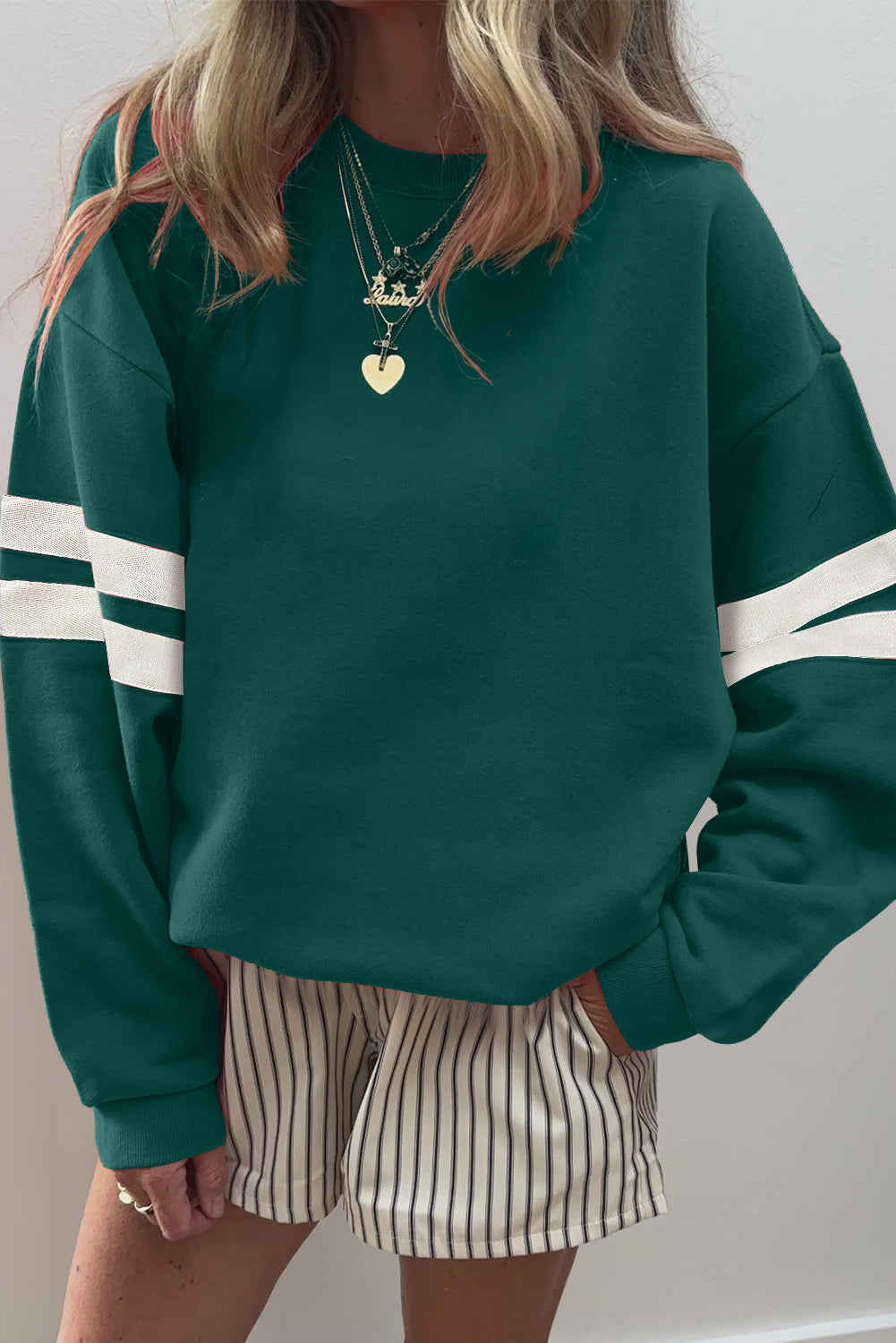 Coffee Preppy Striped Sleeve Loose Sweatshirt
