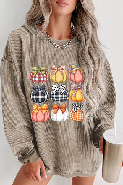 Khaki Trendy Textured Bow Pumpkin Heat Transfer Printing Graphic Baggy Sweatshirt