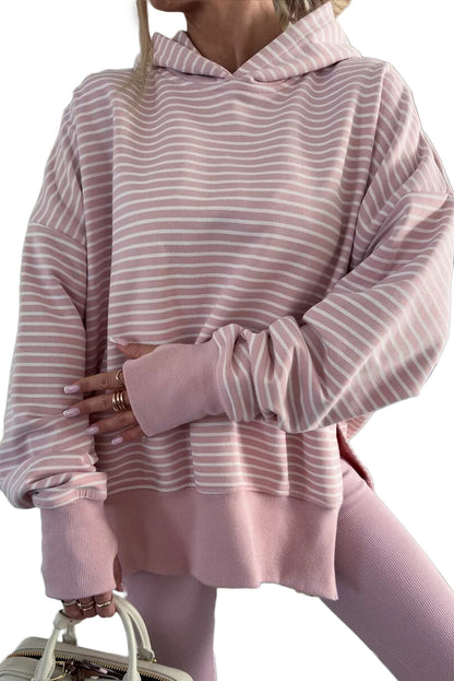 Rose Stripe Thumbhole Side Slits Drop Shoulder Loose Fit Hoodie