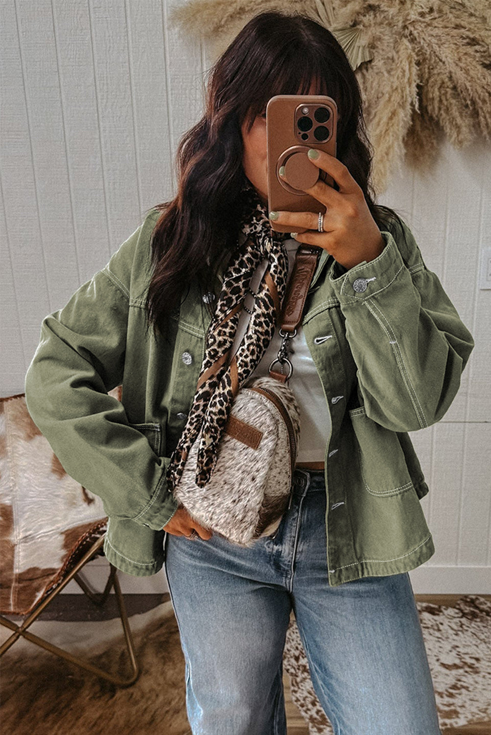 Smoke Green Pocket Collared Button Front Denim Jacket