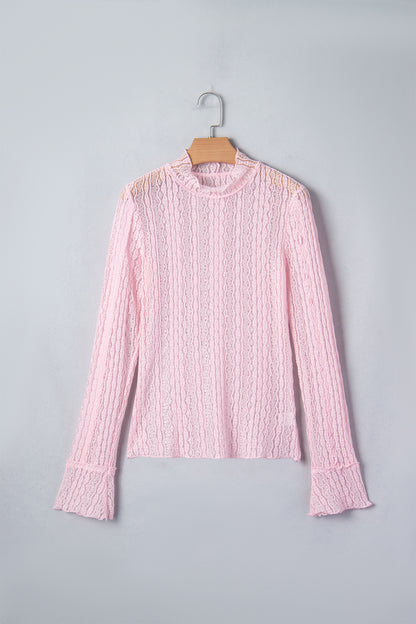Apricot Flounced Long Sleeve Mock Neck Sheer Lace Top
