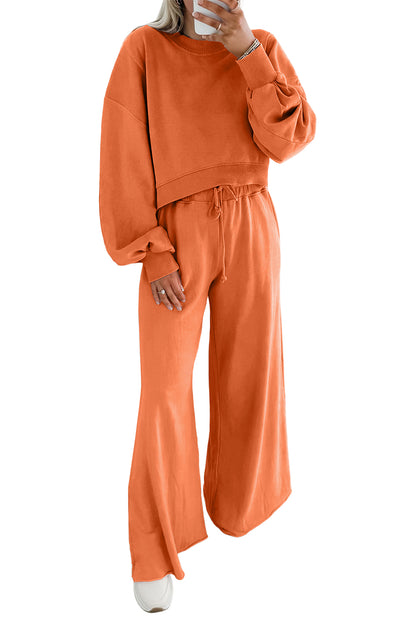 Yellow Cream Drop Shoulder Crop Pullover Drawstring Wide Leg Pants Set