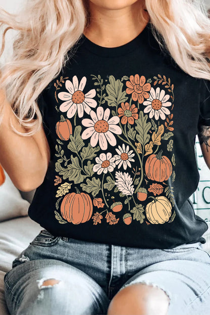 Black Wild Flower Pumpkin Heat Transfer Printing T Shirt