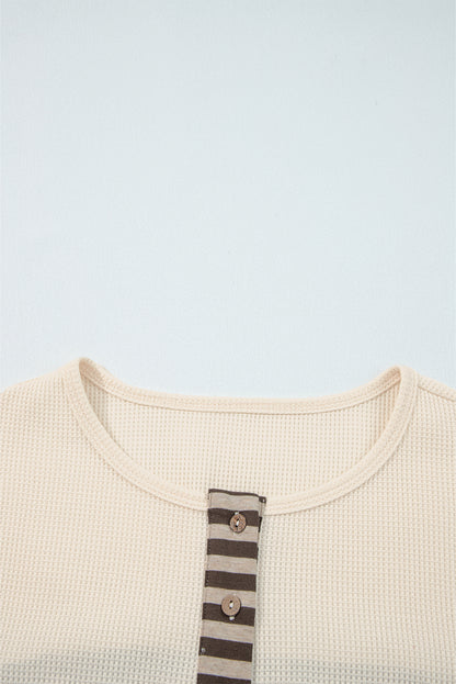 Straw Yellow Waffle Stripe Plaid Patchwork Henley Top