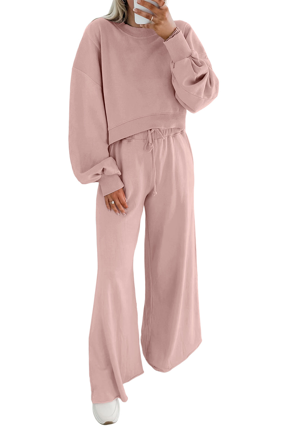 Yellow Cream Drop Shoulder Crop Pullover Drawstring Wide Leg Pants Set