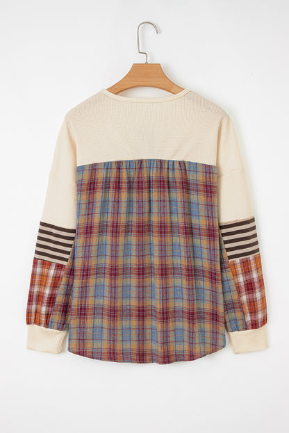 Straw Yellow Waffle Stripe Plaid Patchwork Henley Top