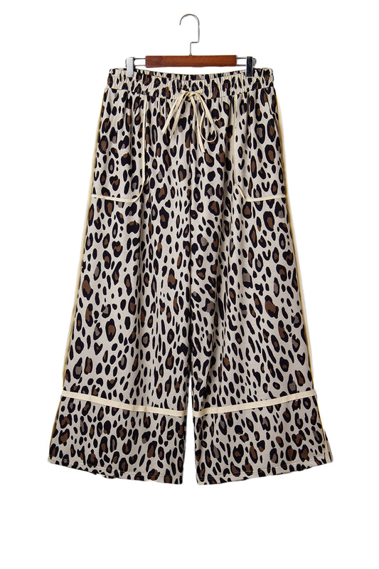 Khaki Exposed Seam Patched Pocket Plus Size Leopard Wide Leg Pants