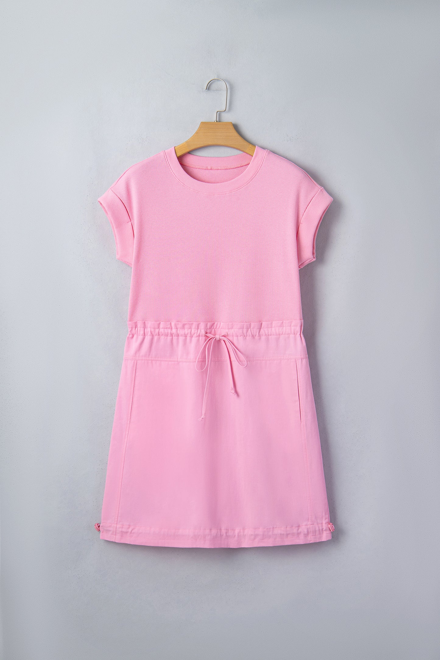 Bonbon Cuffed Short Sleeve Mix Fabric Patchwork Drawstring Mini Dress