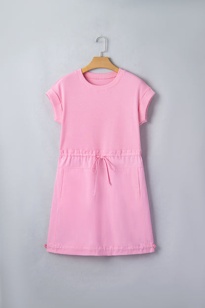 Bonbon Cuffed Short Sleeve Mix Fabric Patchwork Drawstring Mini Dress
