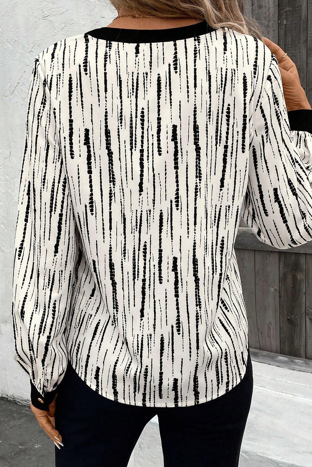 White Abstract Print V-neck Long-sleeve Blouse