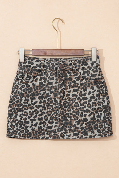 Khaki Allover Leopard Print Denim Mini Skirt