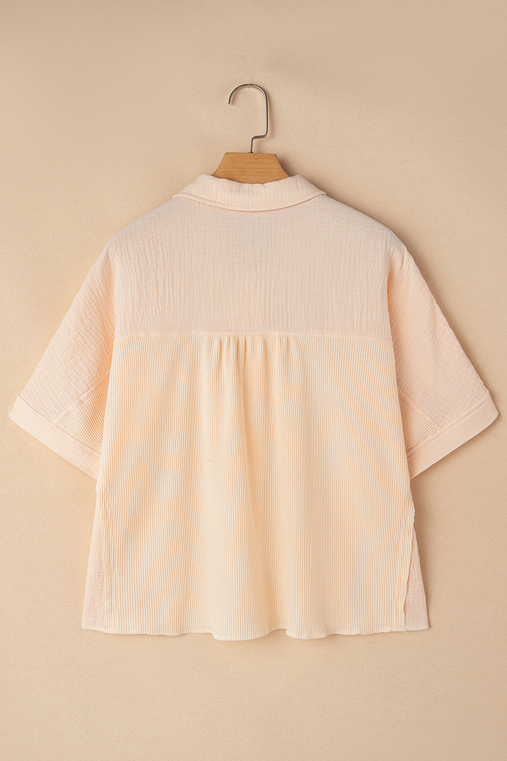 Beige Waffle Crinkle Patchwork Short Batwing Sleeve Shirt