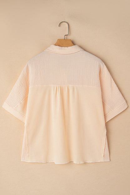 Beige Waffle Crinkle Patchwork Short Batwing Sleeve Shirt