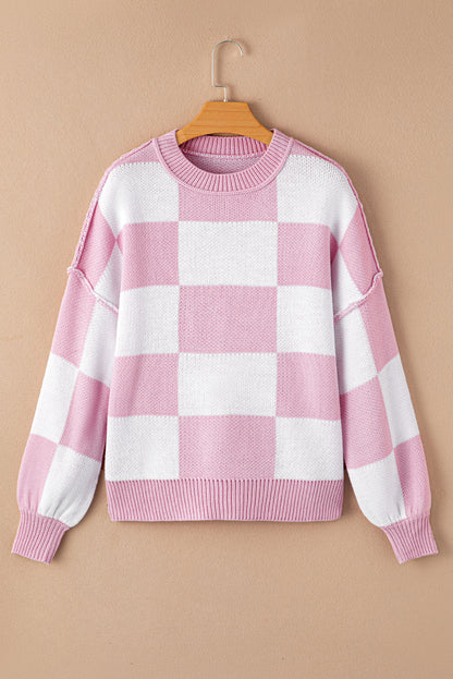 Dark Brown Plaid Bishop Sleeve Pullover Sweater