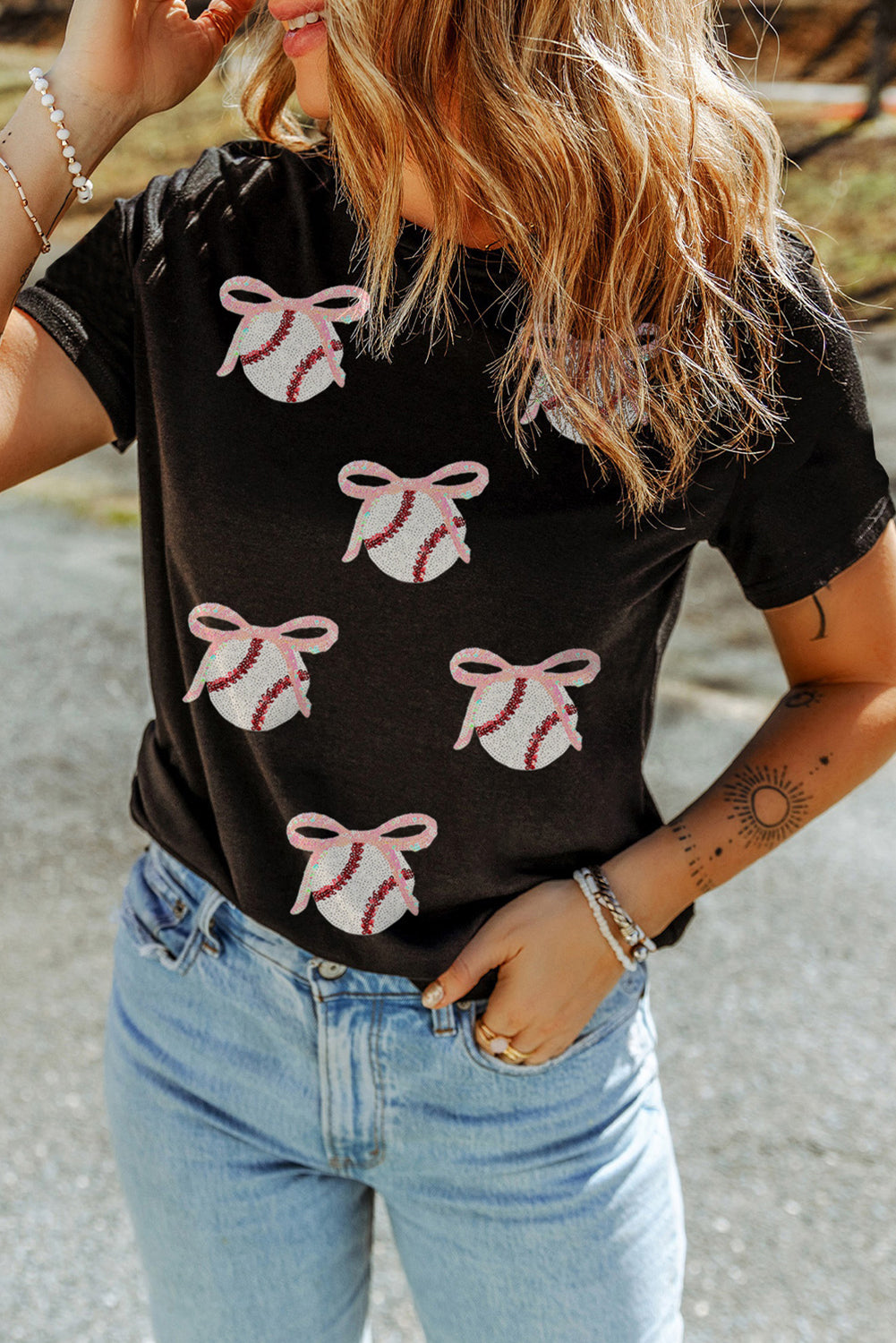 Black Shimmering Bow Ball Patterned Sequins Patch Game Day Casual Tee