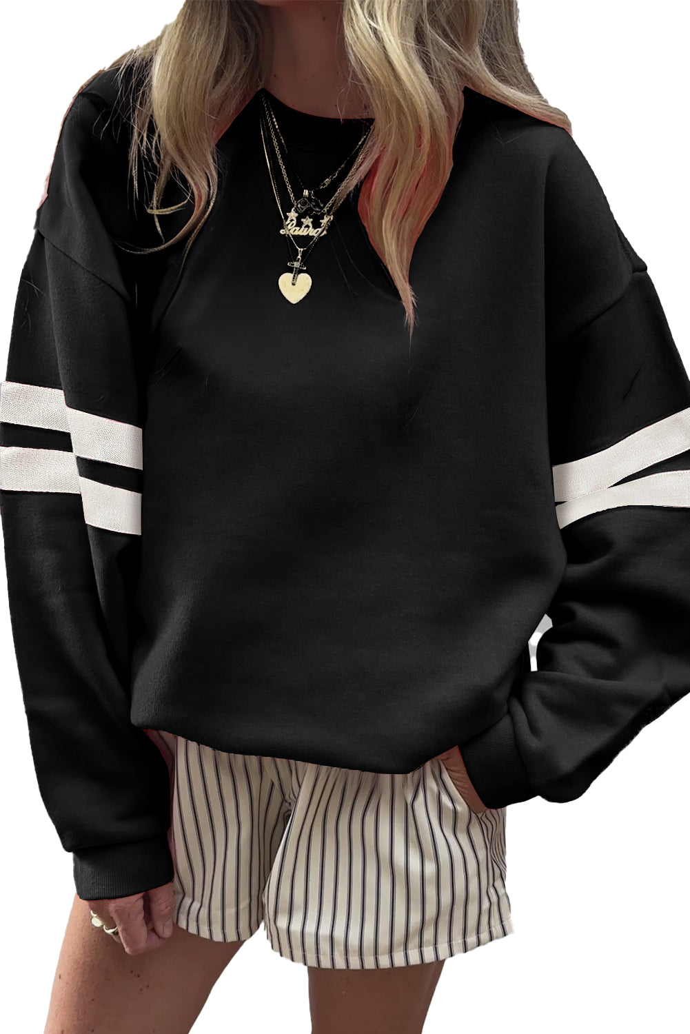 Coffee Preppy Striped Sleeve Loose Sweatshirt